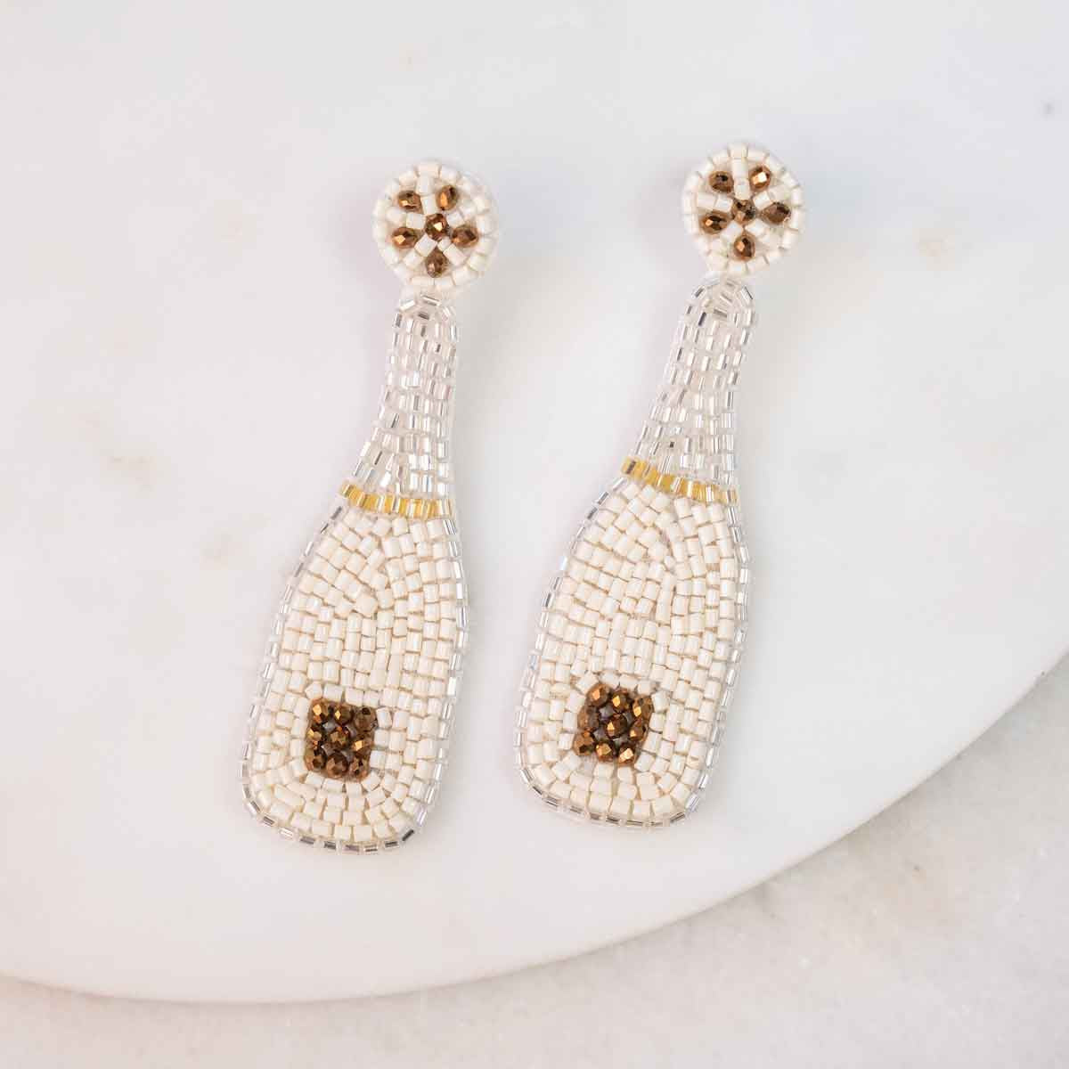NolaCajun Champagne Bottle Beaded Earrings Ivory and Gold Louisiana Jewelry New Orleans