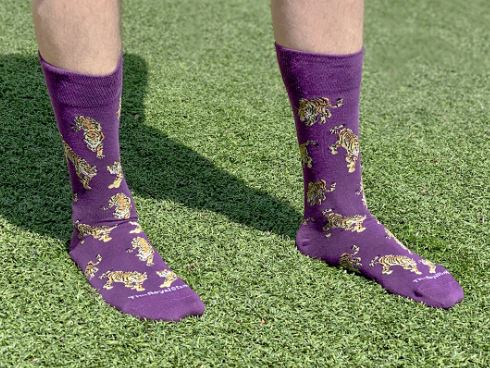 NolaCajun Mens Go Get Em Tiger Socks Purple Gold Louisiana Tiger Spirit Socks
