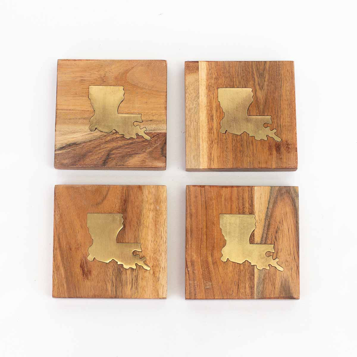 NolaCajun Louisiana Wood Coasters Natural Brass Set of 4 Louisiana Cajun Decor New Orleans