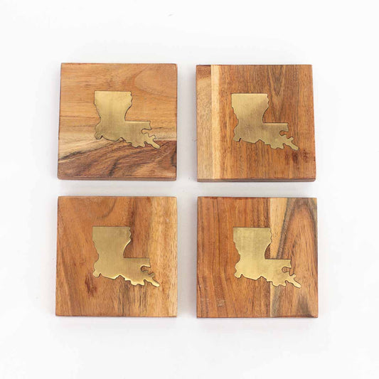 NolaCajun Louisiana Wood Coasters Natural Brass Set of 4 Louisiana Cajun Decor New Orleans