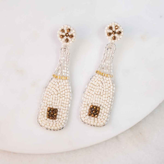 NolaCajun Champagne Bottle Beaded Earrings Ivory and Gold Louisiana Jewelry New Orleans