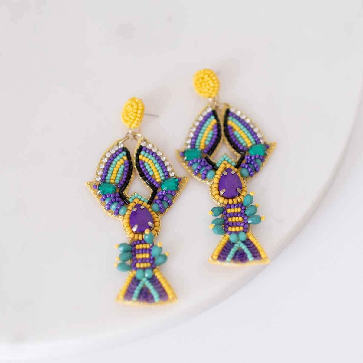 NolaCajun Mardi Craw Beaded Earrings Louisiana Mardi Gras Crawfish Jewelry New Orleans