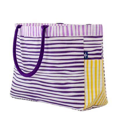 NolaCajun Purple and Gold Stripe Tote Side View Louisiana LSU Spirit Tote Bag