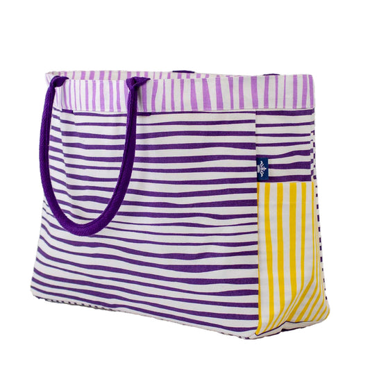 NolaCajun Purple and Gold Stripe Tote Side View Louisiana LSU Spirit Tote Bag