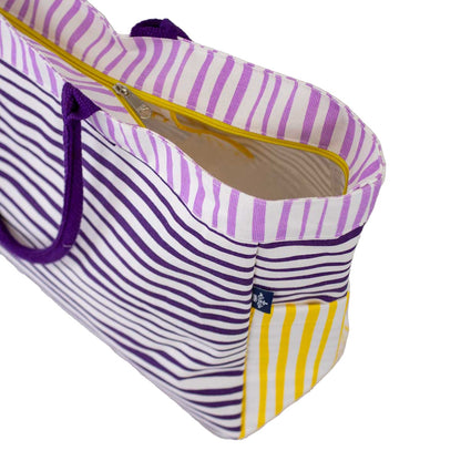 NolaCajun Purple and Gold Stripe Tote Detail View Louisiana Tiger Spirit Gift
