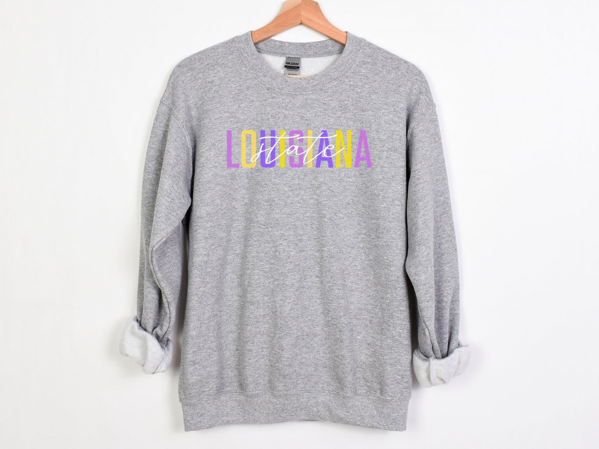NolaCajun Louisiana State Sweatshirt Back View LSU Purple Gold Baton Rouge Louisiana