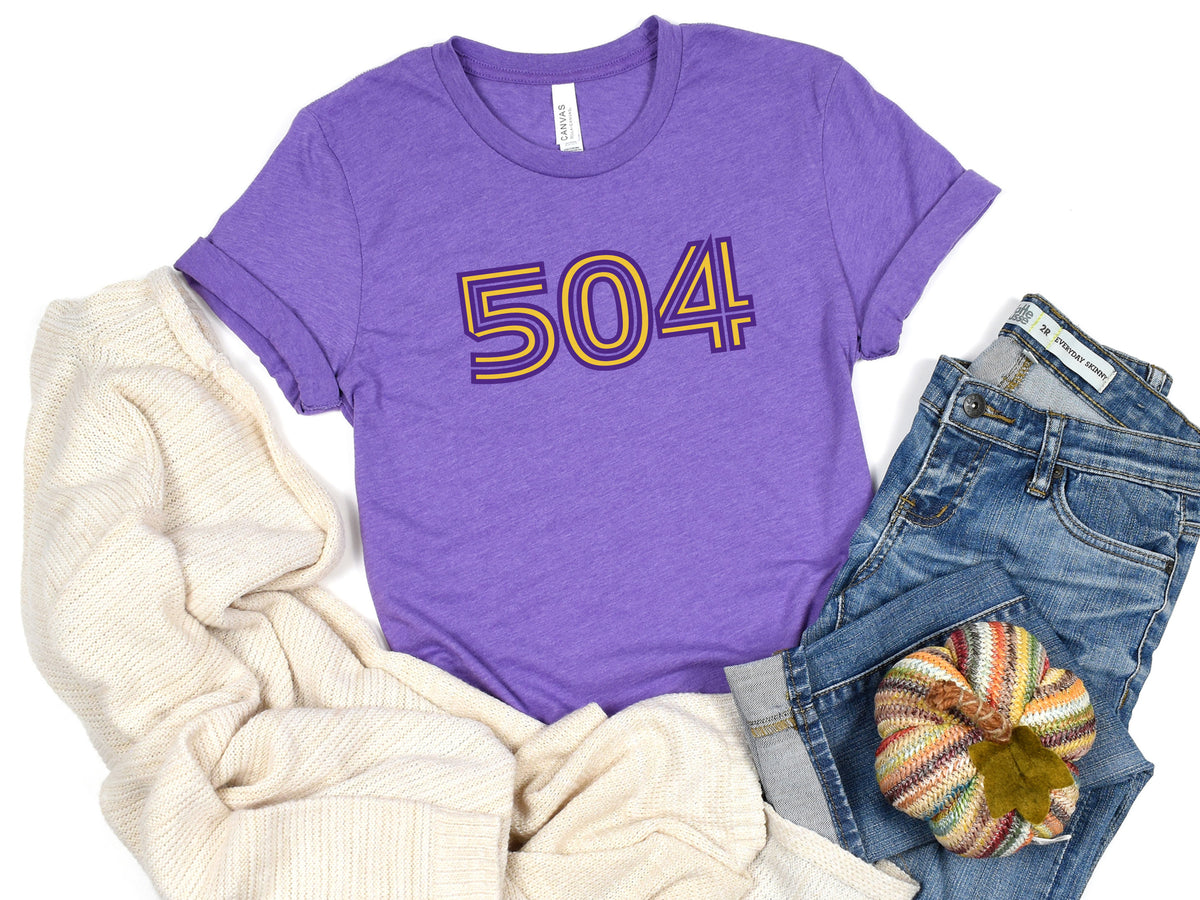 NolaCajun 504 Inline Purple and Gold Tshirt Side View New Orleans Louisiana Spirit