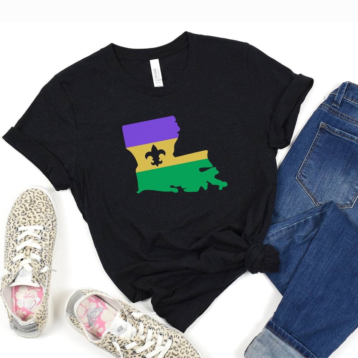 NolaCajun Mardi Gras Louisiana Flag Tshirt Lifestyle View Louisiana Flag Cajun