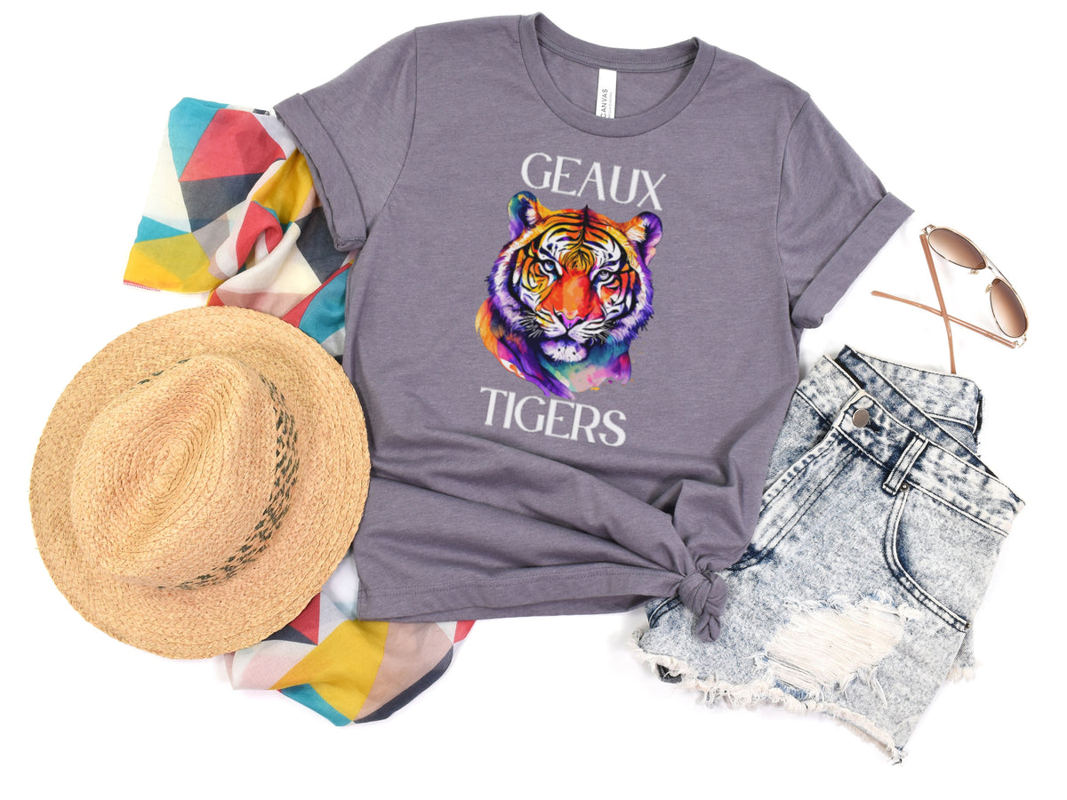 NolaCajun Colorful Tiger Tshirt Detail View Louisiana LSU Tiger Graphic Tee