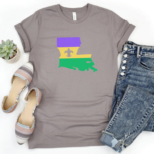 NolaCajun Mardi Gras Louisiana Flag Tshirt Front View Louisiana Mardi Gras Spirit
