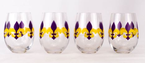 NolaCajun Fleur de Lis Stemless Wine Glass Set Purple and Yellow Louisiana Tiger Spirit Barware