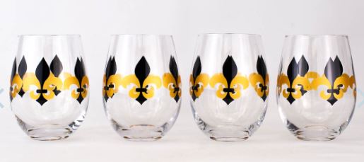 NolaCajun Fleur de Lis Stemless Wine Glass Set Black and Gold Louisiana Saints Spirit Barware