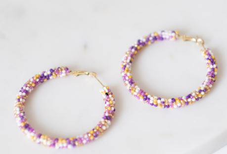 NolaCajun Paradise Beaded Hoop Earrings Purple Yellow White Louisiana Mardi Gras Jewelry New Orleans