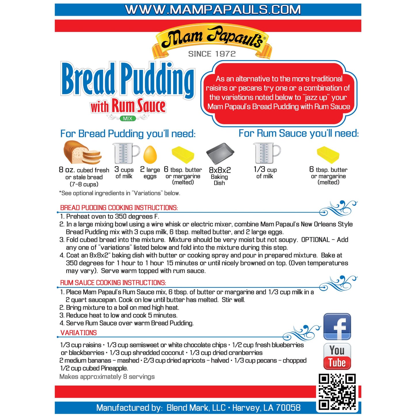 NolaCajun Mam Papaul's Bread Pudding Mix Package Louisiana New Orleans Bread Pudding