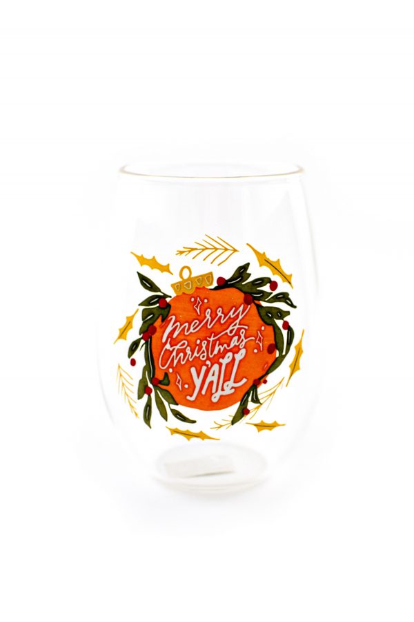 NolaCajun Merry Christmas Yall Stemless Wine Glass Louisiana